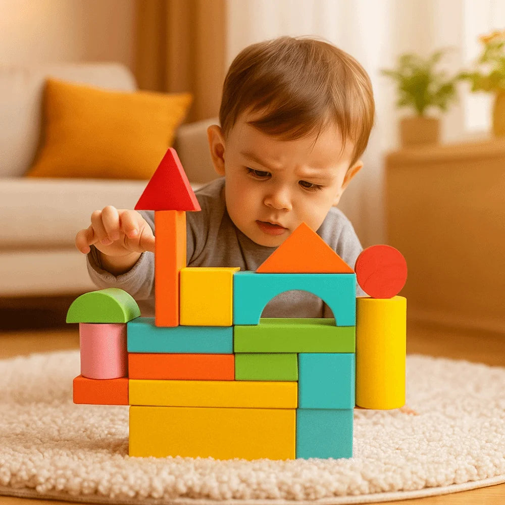 Jeu de construction en bois, 40 blocs colorés et sac