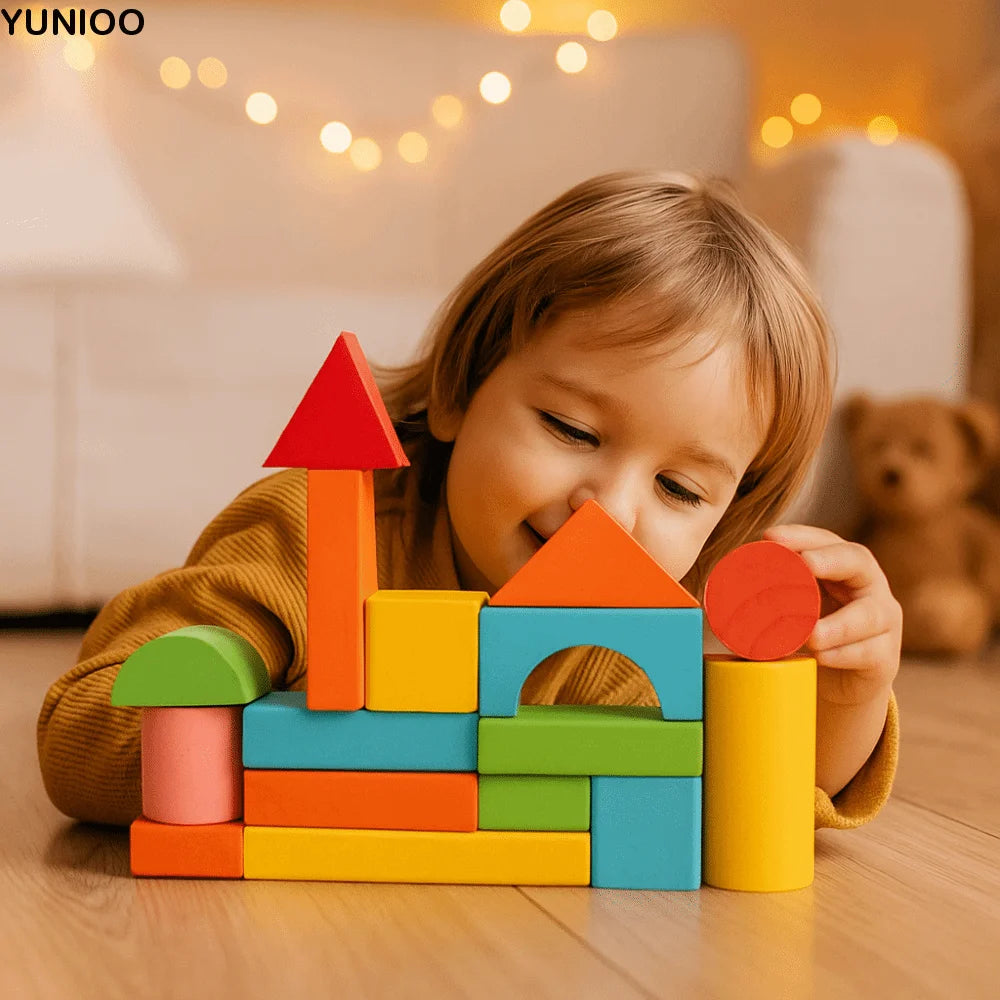 Jeu de construction en bois, 40 blocs colorés et sac