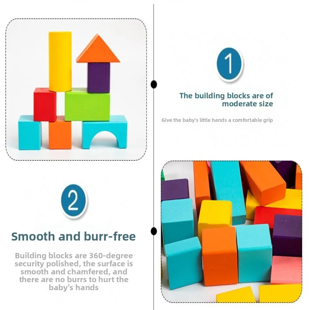 Jeu de construction en bois, 40 blocs colorés et sac
