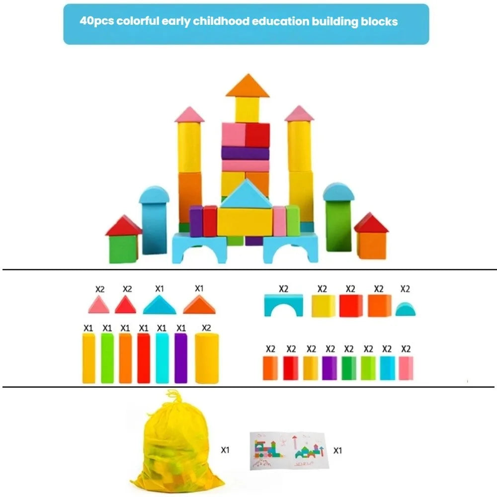 Jeu de construction en bois, 40 blocs colorés et sac