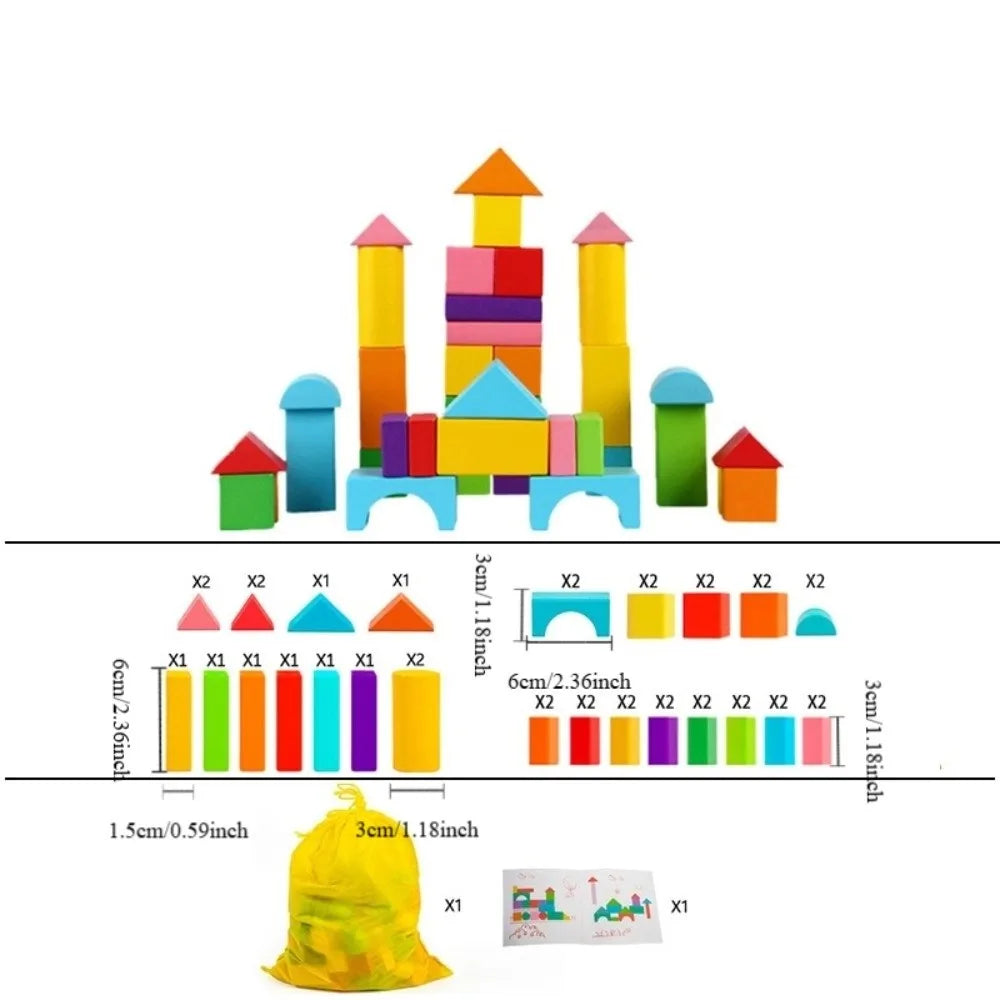 Jeu de construction en bois, 40 blocs colorés et sac