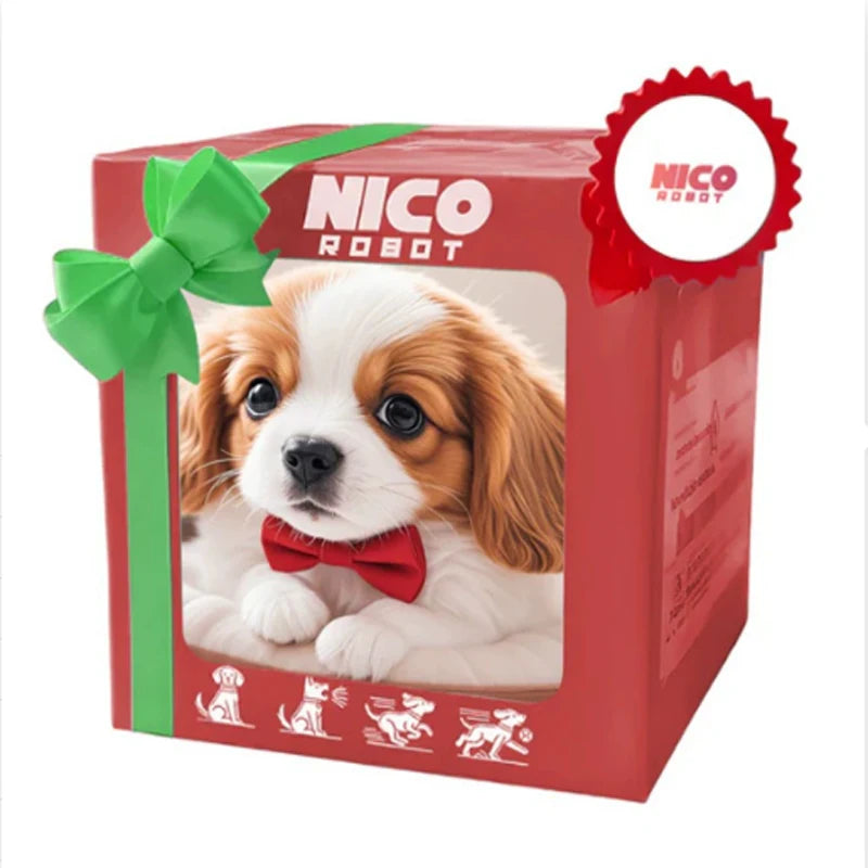 robot chien interactif pour enfants dans une boîte cadeau colorée avec un noeud en ruban.