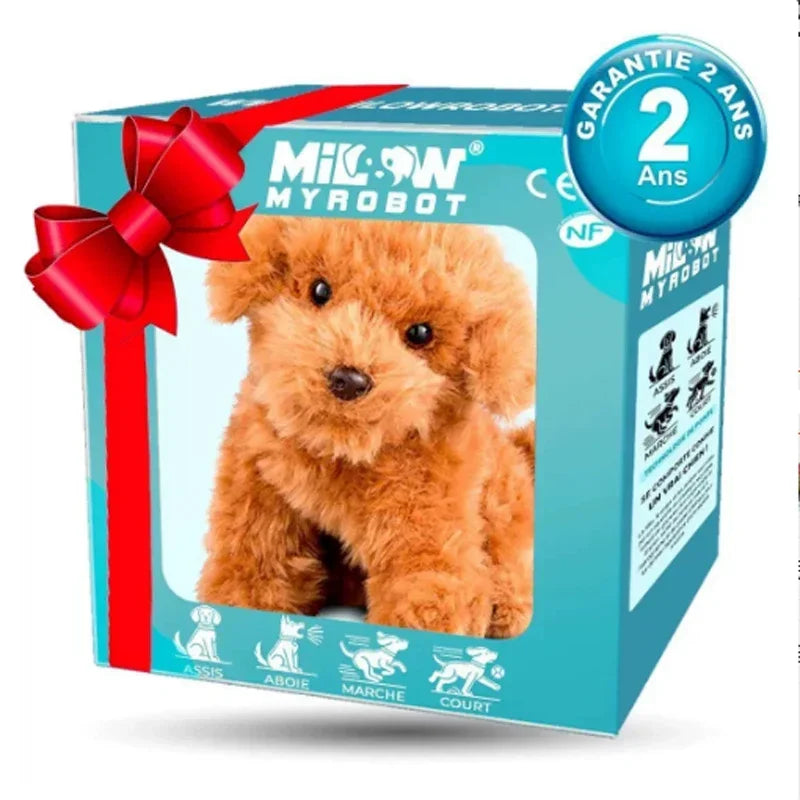 Robot chien interactif pour enfants dans son emballage coloré avec un ruban, idéal pour les petits.