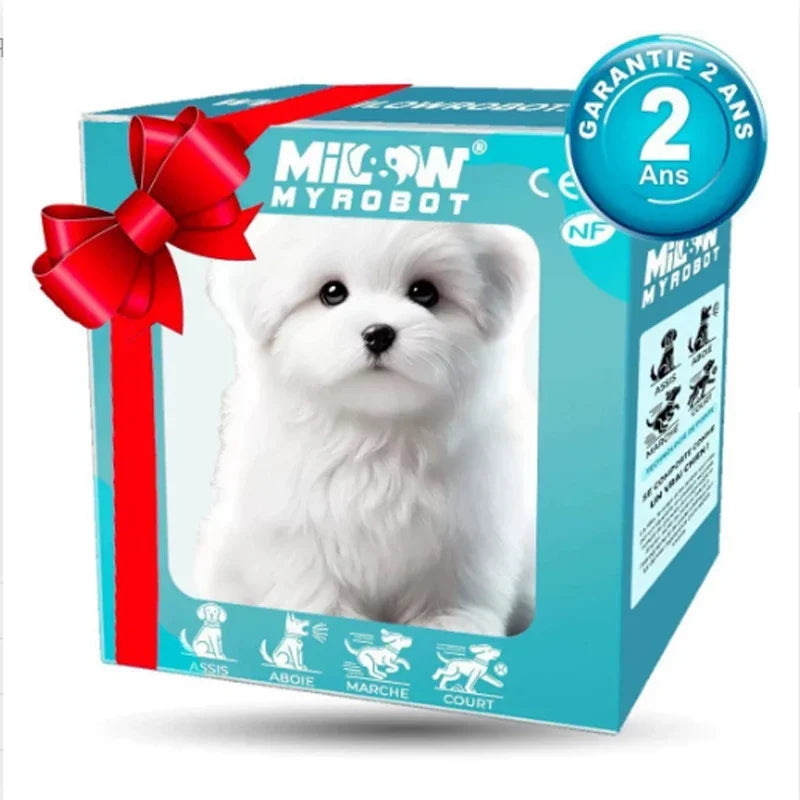 Robot chien interactif pour enfants dans une boîte cadeau colorée avec un ruban rouge et une garantie de 2 ans.