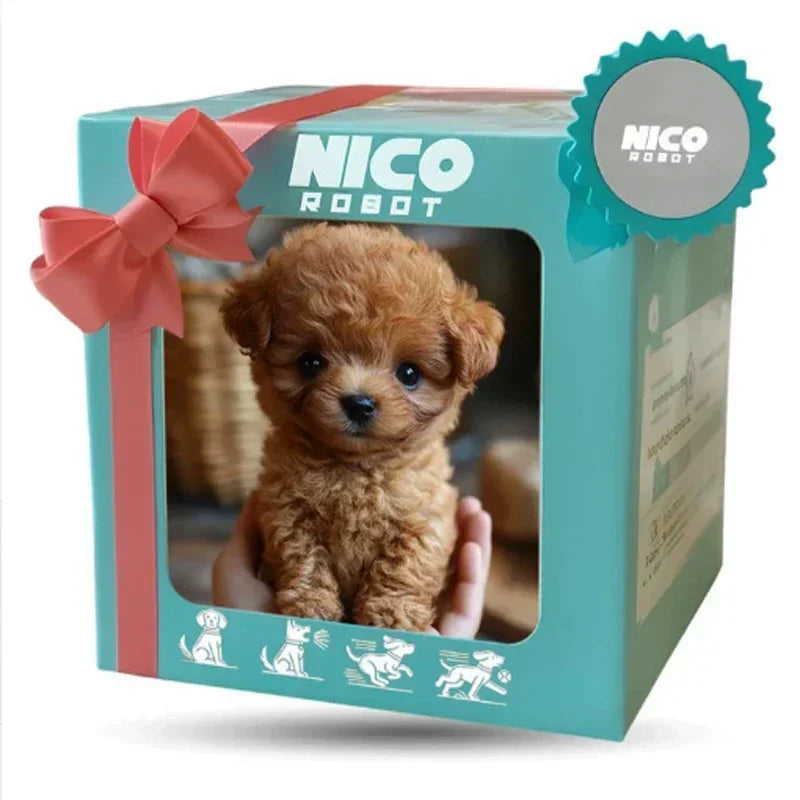 Robot chien interactif pour enfants, adorable chiot en peluche dans une boîte cadeau avec un nœud rouge.